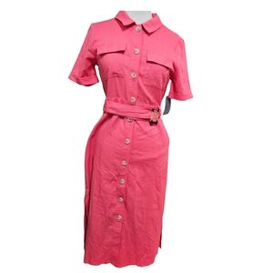MELLODAY Linen Blend Belted Midi Shirt Dress Women's Size S Pink NWT‎